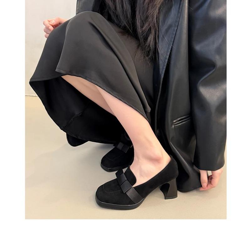 Fashion French retro fashion bow waterproof platform high heels women's shoes 2025 new square head thick heel thick sole single shoes