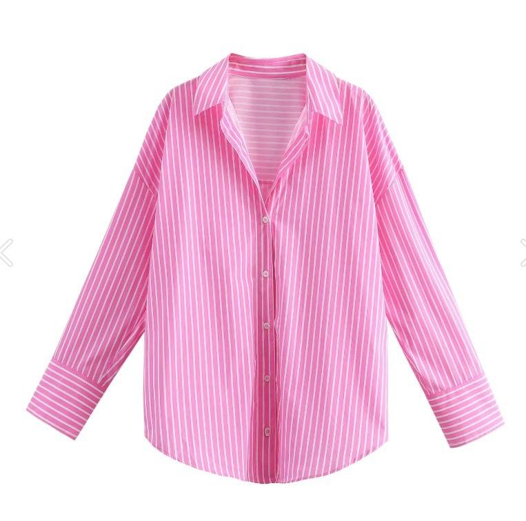 Women's Lapel Long Sleeve Loose Fit Striped Shirt Single Breasted Casual Oversized Blouse Top