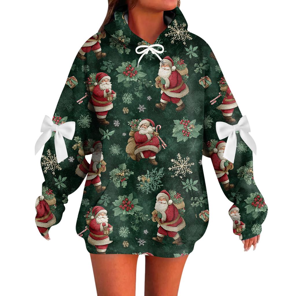 Ladies' Christmas Printed Bow Long Sleeved Loose Fitting Headband With Rope Hooded Sweatshirt Top