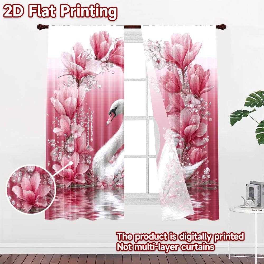 2D flat printing 2pcs Curtain Party Curtain Romantic Swan with Flowers Digital Printed Polyester Drapes Party Decorations for