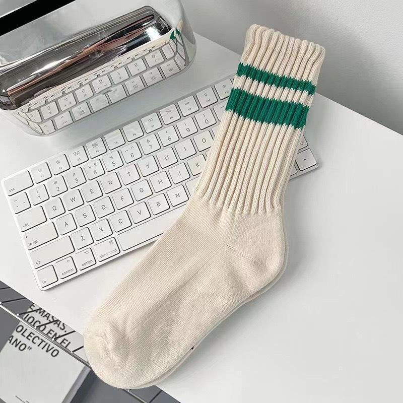 Striped Two-bar Socks, Women's Mid-calf Socks, Autumn and Winter Trend, Solid Color, College Style, Pile Socks, Sports and Casual Women's Socks