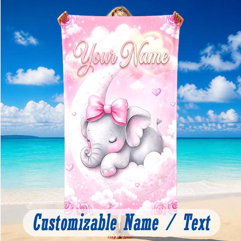 Elephant Theme Beach Towel Personalized Custom Name & Text Soft Quick Dry Beach Towel for Swimming Travel