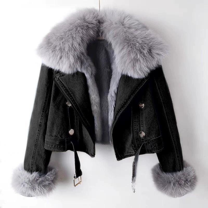 Women Faux Fox Fur Collar Jean