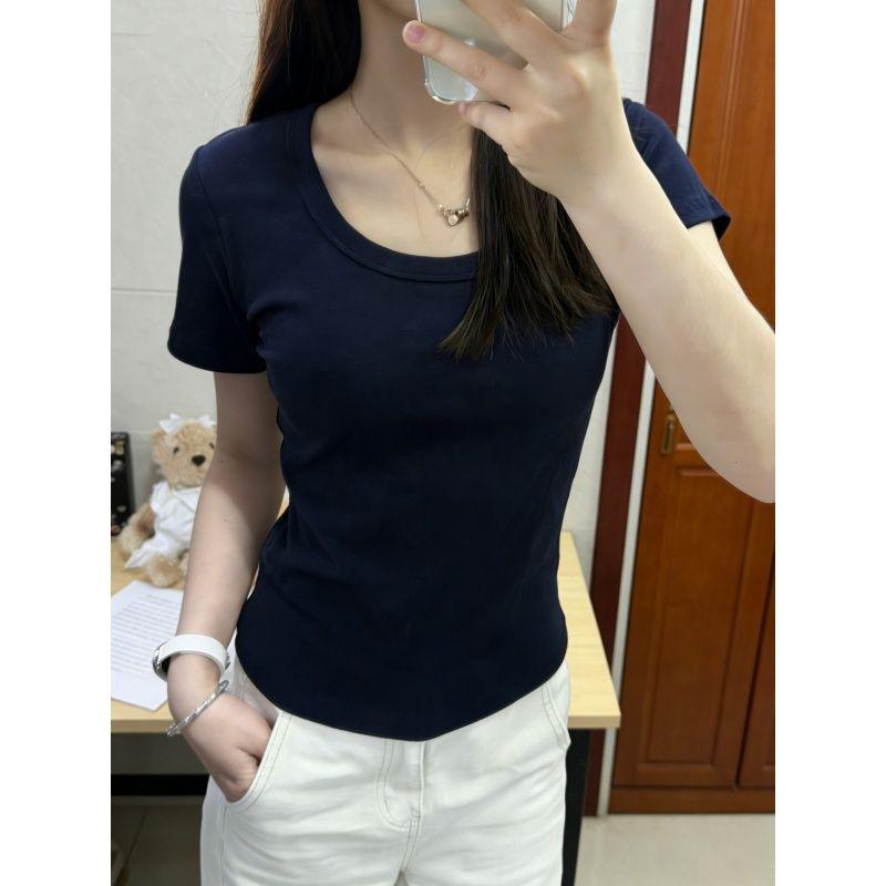 U-neck cotton short-sleeved T-shirt women's summer new solid color slim-fitting and thin shoulder low-neck top