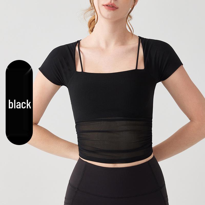 

Women s Two-in-One Mesh Sports Bra with Fixed Cups, Pads, and Short Sleeves for Running and Yoga. X-Large