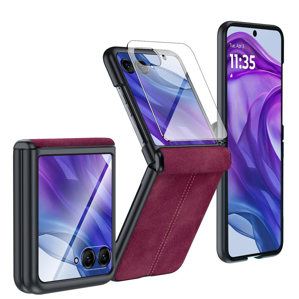 for Motorola Razr Ultra 2024 Case/Razr 50 Ultra Case,Built-in Screen Protector & Hinge Protection & Ultra Thin PU Leather Matte PC Phone Case-Rose Red
