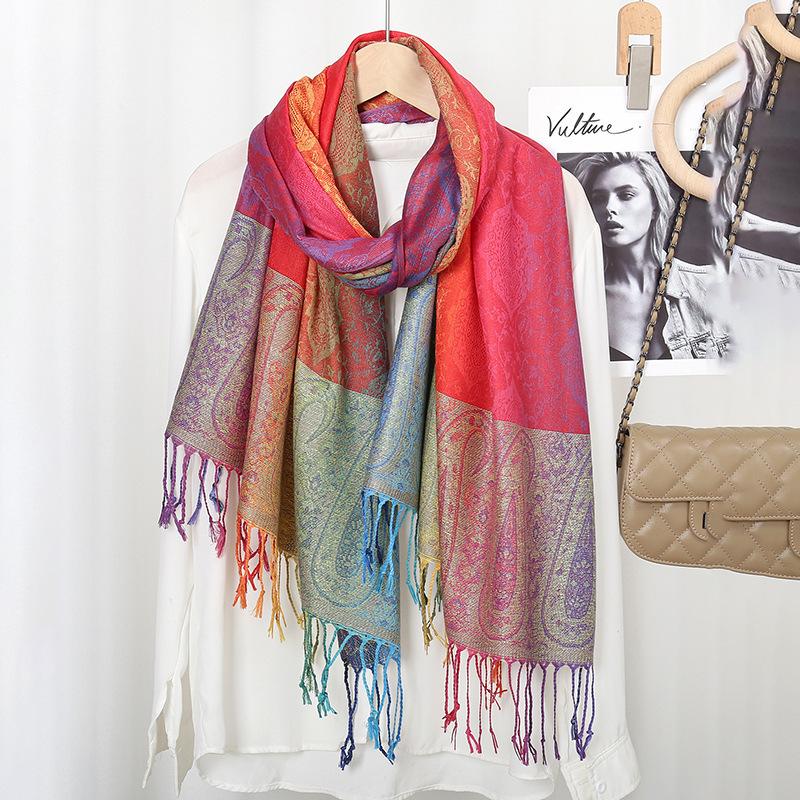 Ethnic Style Colorful Cashew Embroidered Long Scarf Rainbow Gradient Tassel Scarf Shawl Women's Headscarf