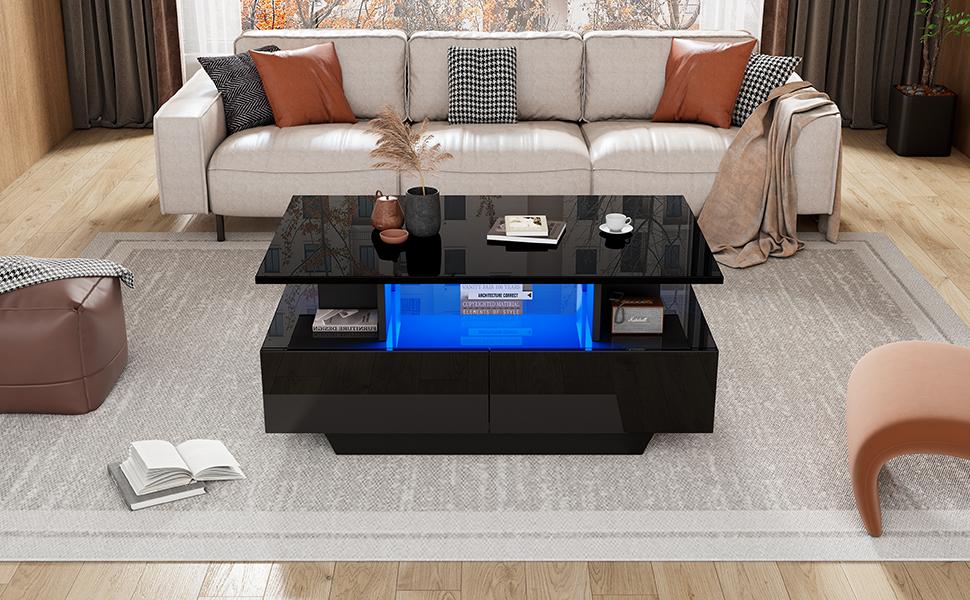 Moderner Hochglanz-Couchtisch mit LED-Beleuchtung und 2 Schubladen – Stilvoller 90x55x41 cm Beistelltisch mit Stauraum, Belastbarkeit bis 30 kg