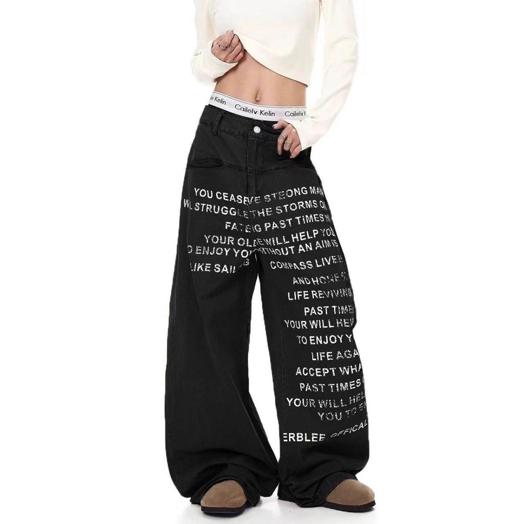 VibeStreet American Large Size Letter Print Jeans Women's Vintage Loose Lazy Style Floor-Length Pants Straight Leg Jeans