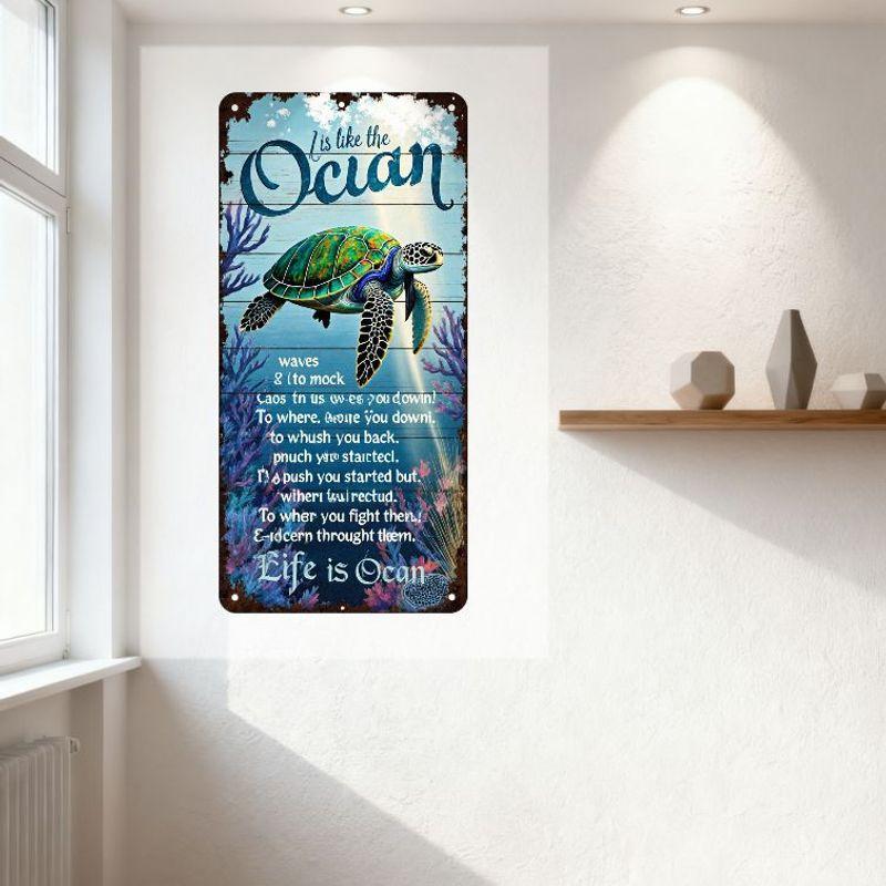Vintage Coastal Life Is Ocean Tin Sign Rustic Wooden Texture Sea Turtle & Waves Quote Plaque for Home Decor, Man Cave, Bar, Cafe