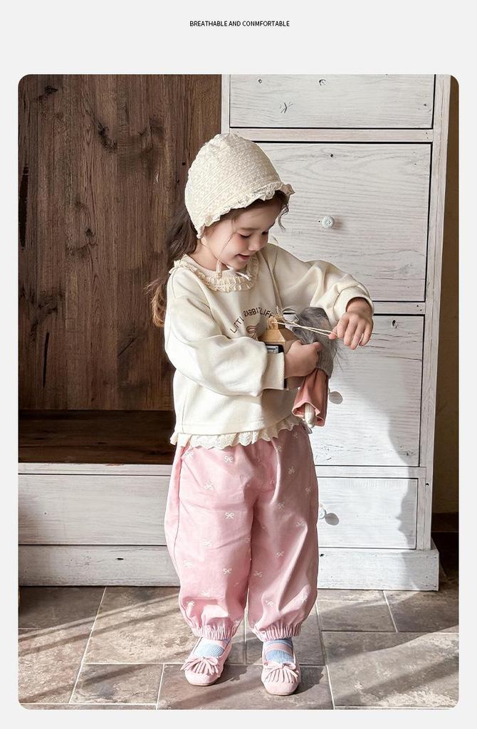 Korean Girls' Spring 2026 Cartoon Hoodie & Pants Two-Piece Set