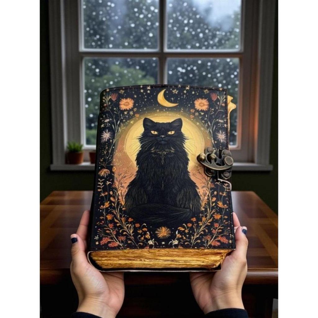 Cat Leather Journal: Vintage Handmade Grimoire, Blank Book of Shadows