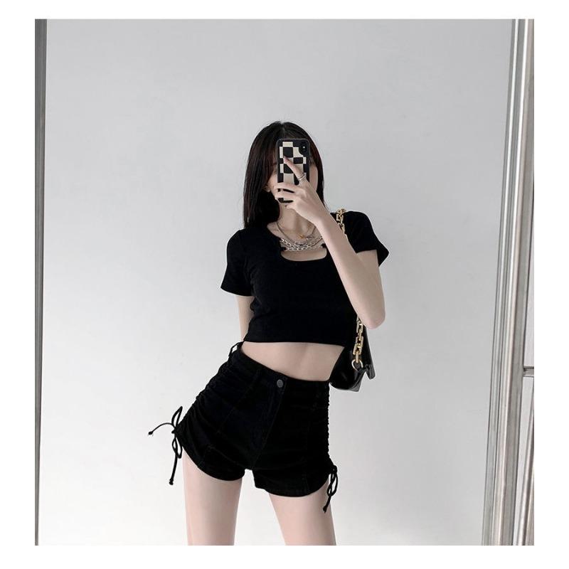 Pantaloni scurți din denim cu șnur pentru femei, design de vară, talie înaltă, elastic, subțiere, strâmți, cu picior lat