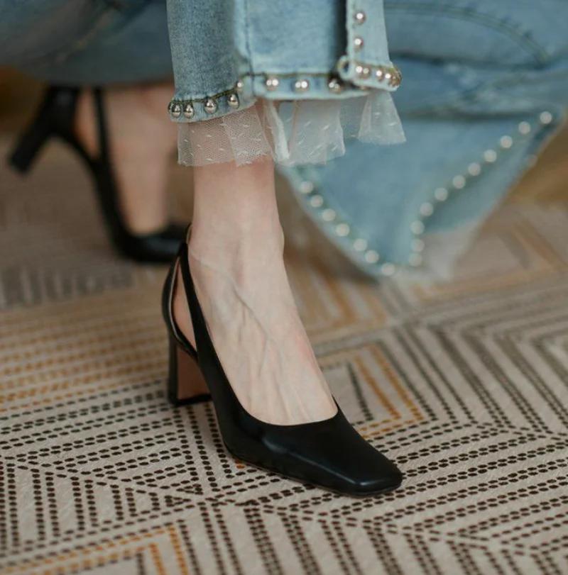 Fashion Chunky Heels Normal Leather Casual High Block Heel Nude Ladies Footwear Office Women's Shoes Square Toe Pumps on Heeled 39 Offer