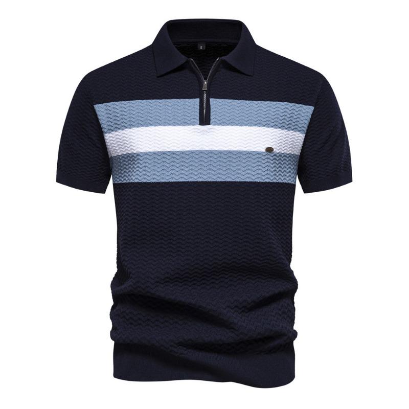 Men's Korean-Style Casual Striped Thin T-Shirt Versatile Lapel Half-Zip Short-Sleeve Polo Shirt