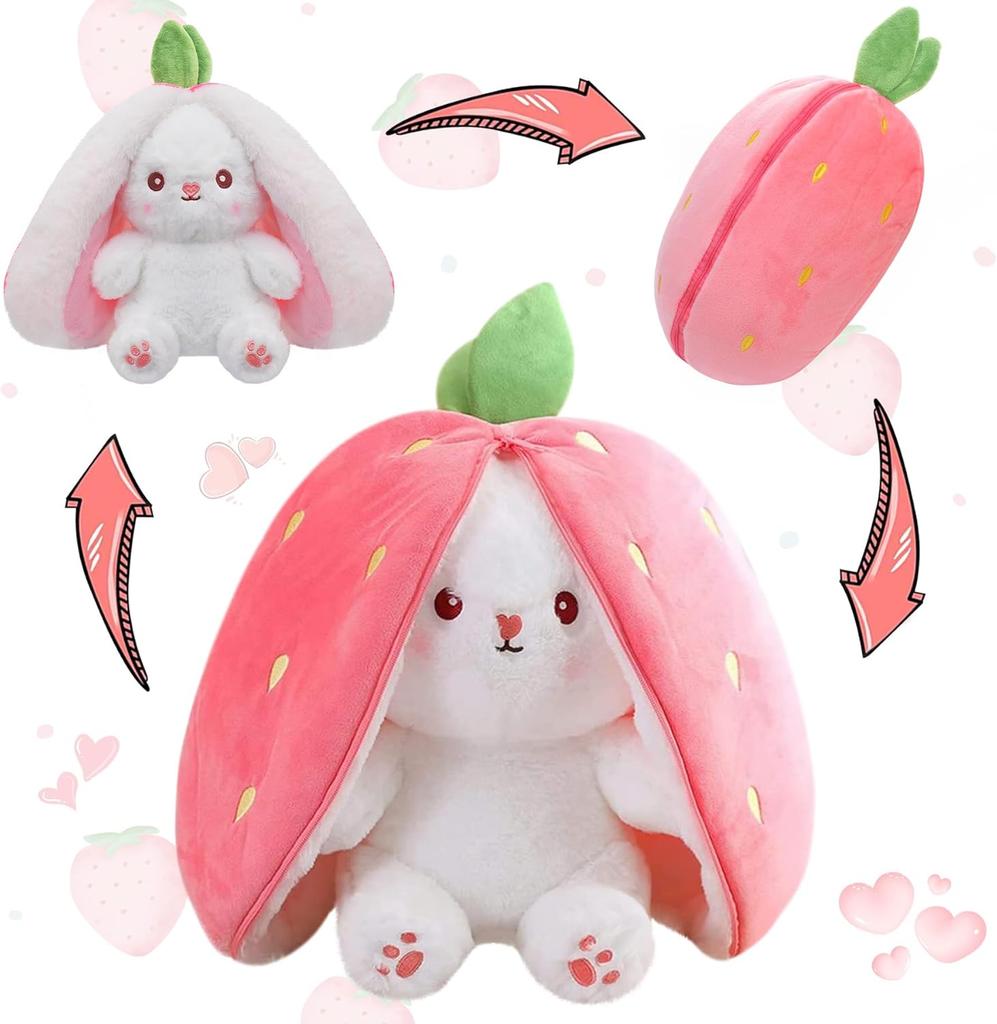Stuffed Animal Reversible Cuddle Strawberry Bunny Transformed Rabbit Plush Zipper Turns Into Ears Bunnies Plushies Toy Cute Stuffy Doll friend Gift