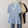 Summer Slim Fit Shirt Women's Bubble Sleeve Loose Waist Short Sleeve V-Neck Top Elegant Fashion Large Size Casual Noble