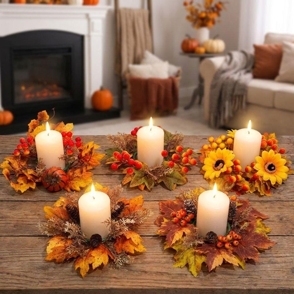 Rustic Artificial Maple Mini Wreath Fade Resistant Berries Pine Cone Candle Ring  Thanksgiving Day