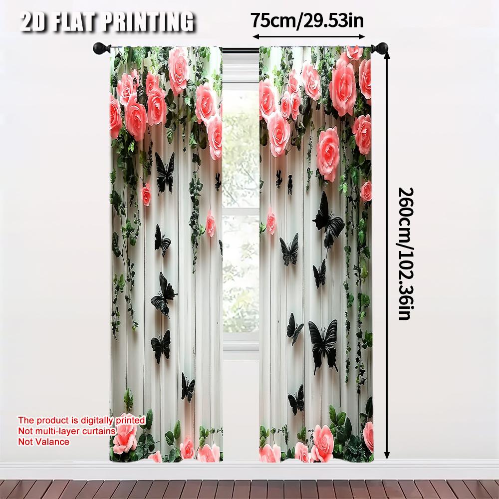 2pcs   Curtain Fabric 2D print Butterflies and pink roses Versatile Durable Polyester (without rod) Decorations For Home Use for