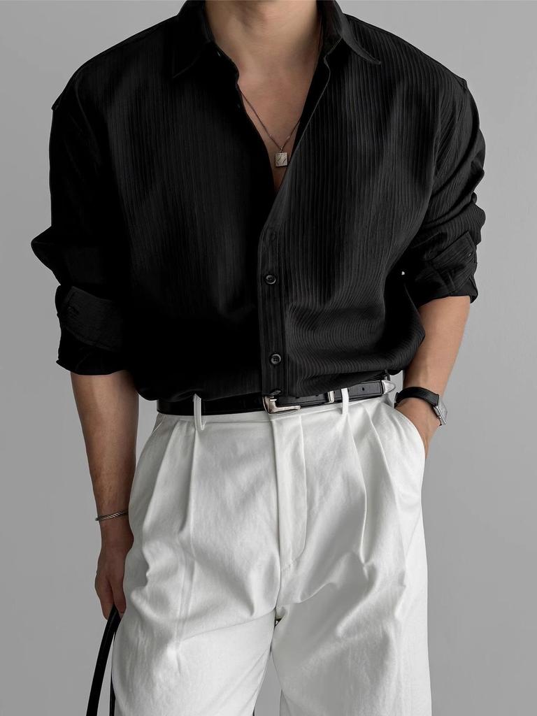 Men's Black Vertical Stripe Long Sleeve Shirt - High-End Casual Business Style, Iron-Free, Button-Down.