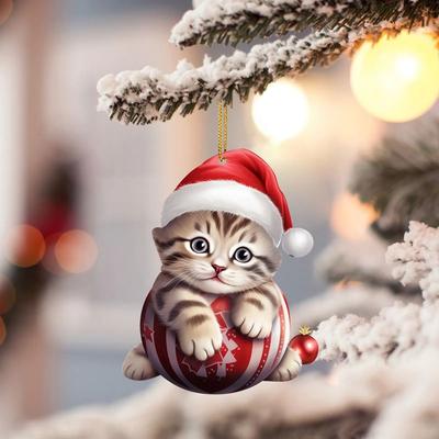 2D Christmas Cat Pendant Flat Acrylic Cat Xmas Hat Ornament Decorative Cat Car Pendant Christmas Tree Decorations New Year Gift