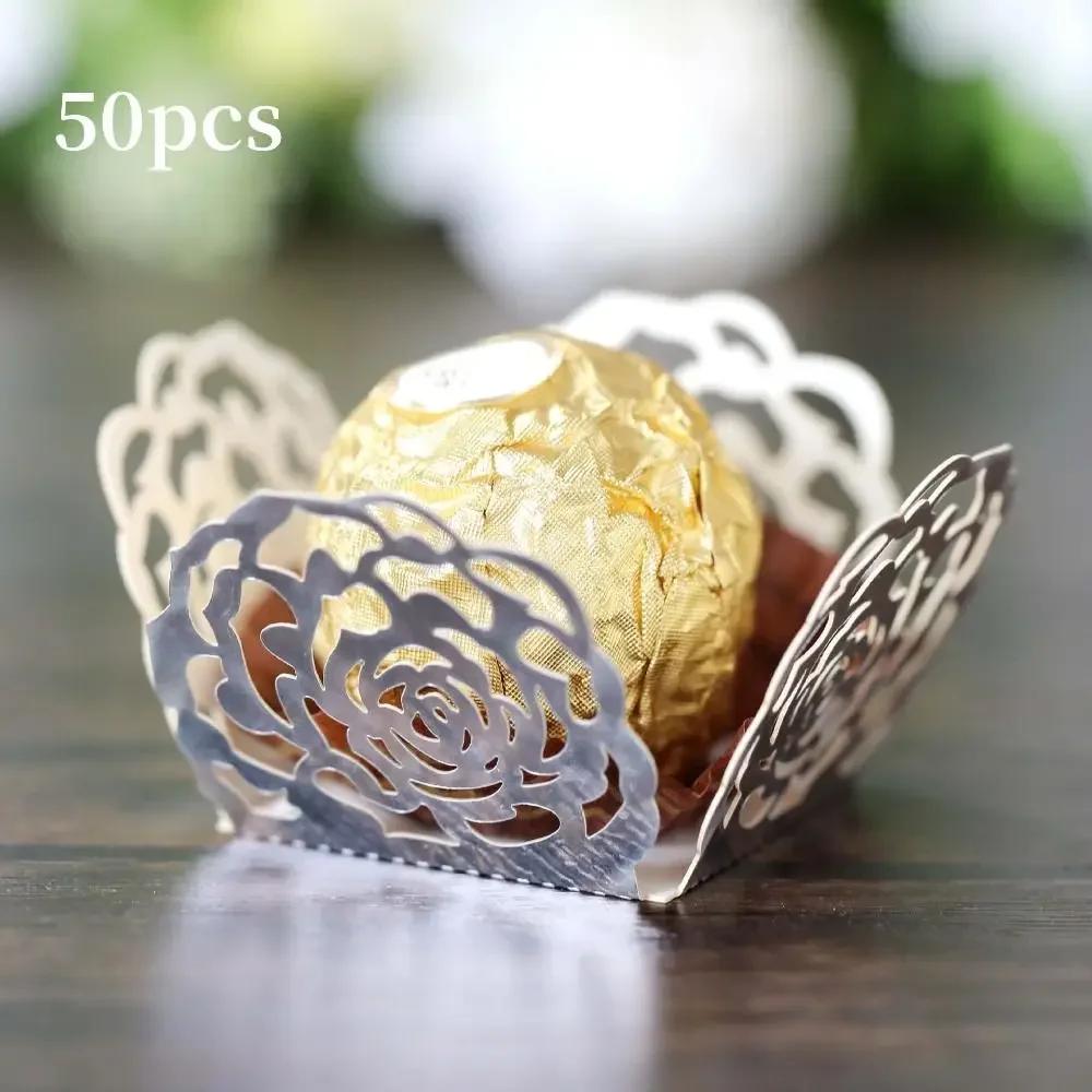 50pcs Chocolate Packing Chocolate Tray Paper Hollow-Out Rose Lace Truffle Wrappers Dessert Decor Chocolate Candy Cups Party
