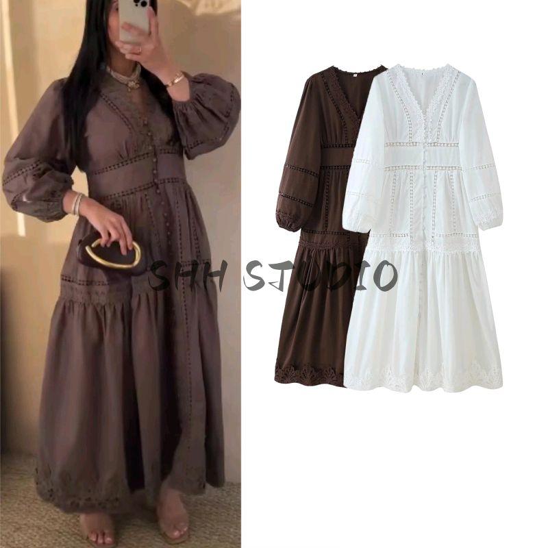 Summer New Product Women's Clothes Minimalist Style Cut Out Lace Decoration V Neck Long Sleeves Loose High Waist a Word Length Dress