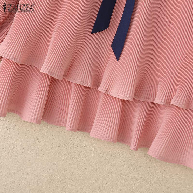 ZANZEA Women Elegant Casual Round Neck 3/4 Sleeve Loose Pleated Blouse
