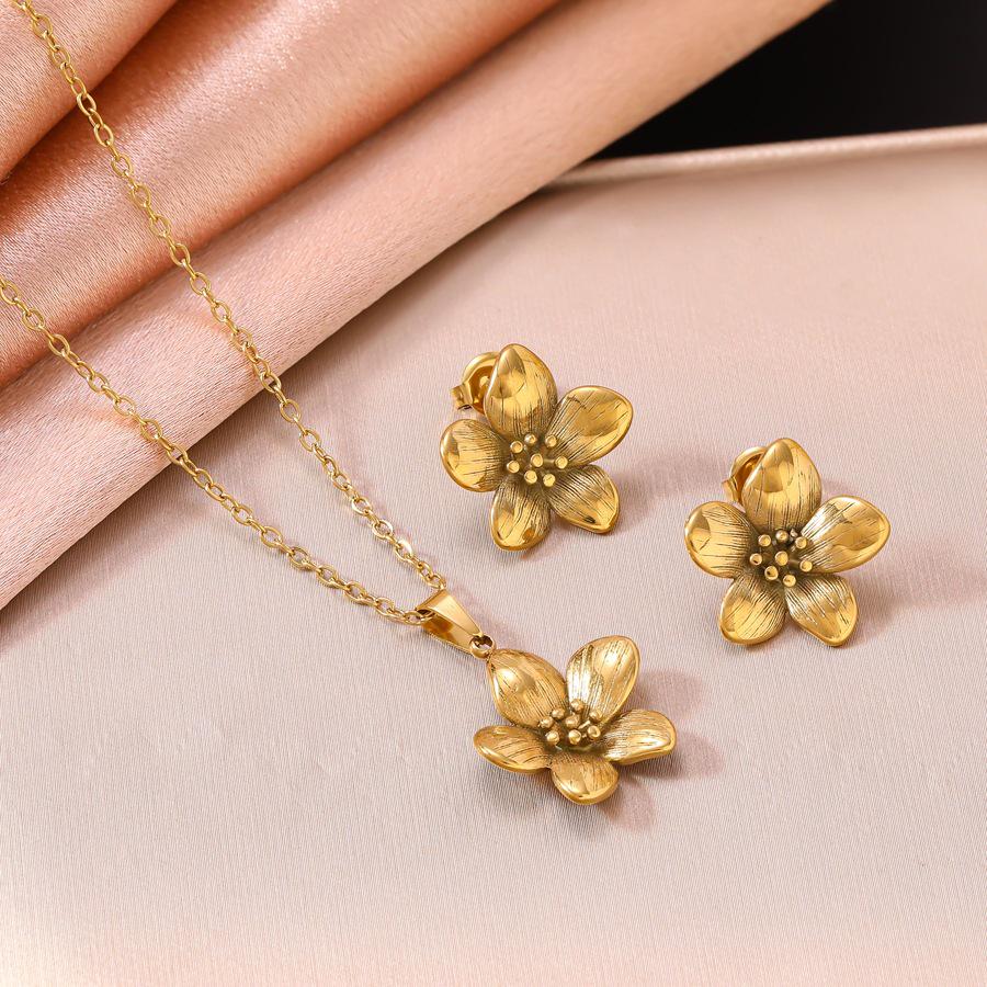 Elegant 18K Gold & Stainless Steel Five-Petal Flower Pendant Necklace & Earring Set for Women