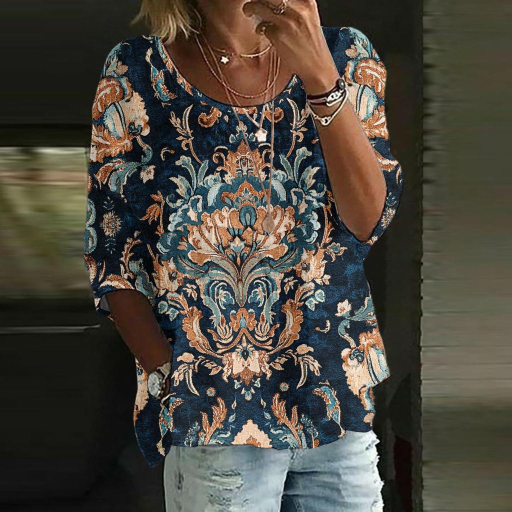 Women's Casual Fashion Three-quarter Sleeve Loose Round Neck Floral Print Top