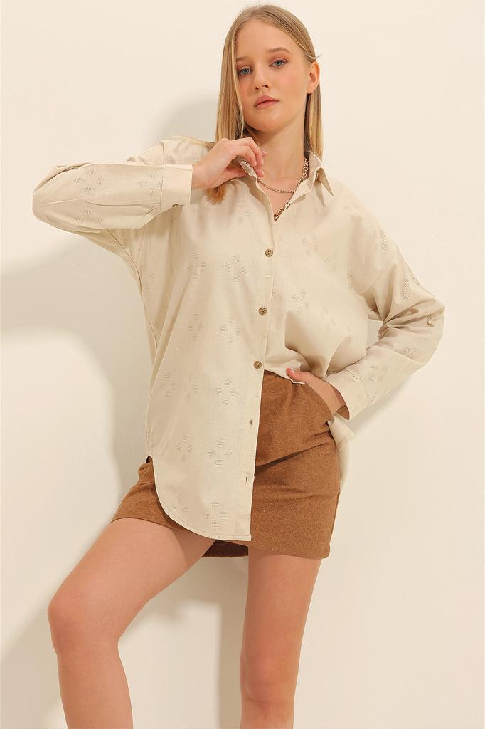 Damen Hemd Neue Saison Mode Fuchsia Motiv Oversize Leinen Hemd