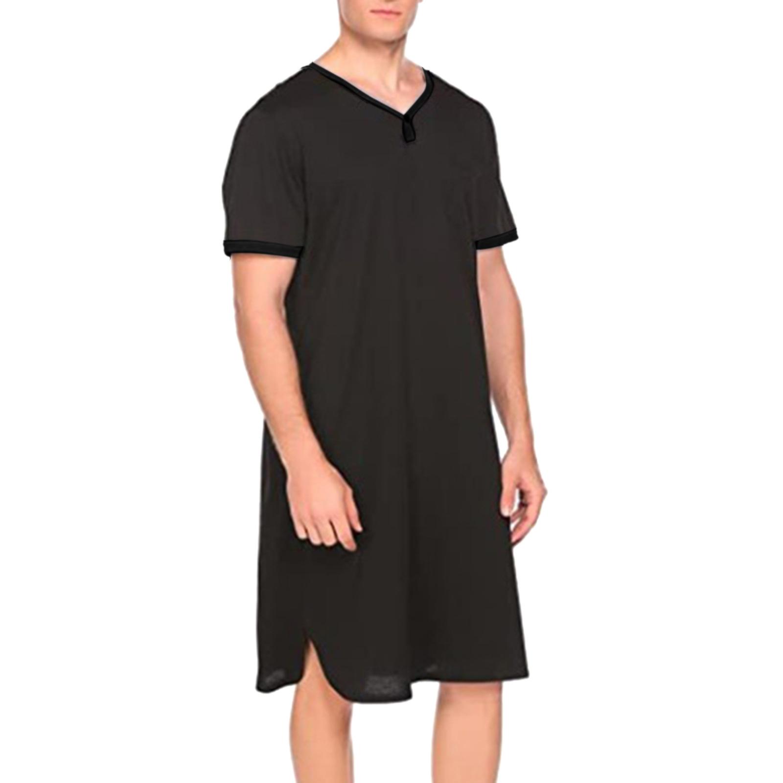 Мужские короткие рукава тонкие удлиненные повседневные свободные приятные для кожи эластичные халаты банные халаты винтажные ночные рубашки M чёрный