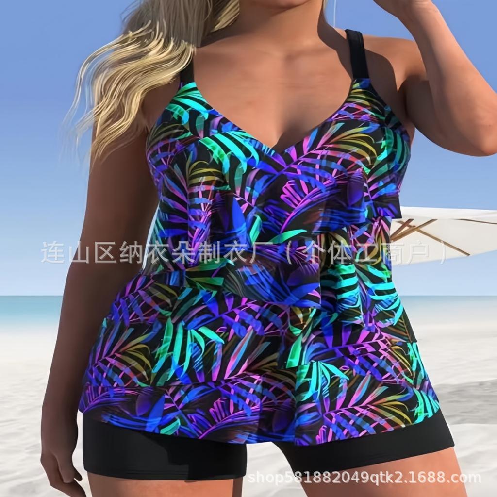 New Fashion Tropical Coconut Tree Print Tankini Women's Twopiece Comfortable Split Swimsuit