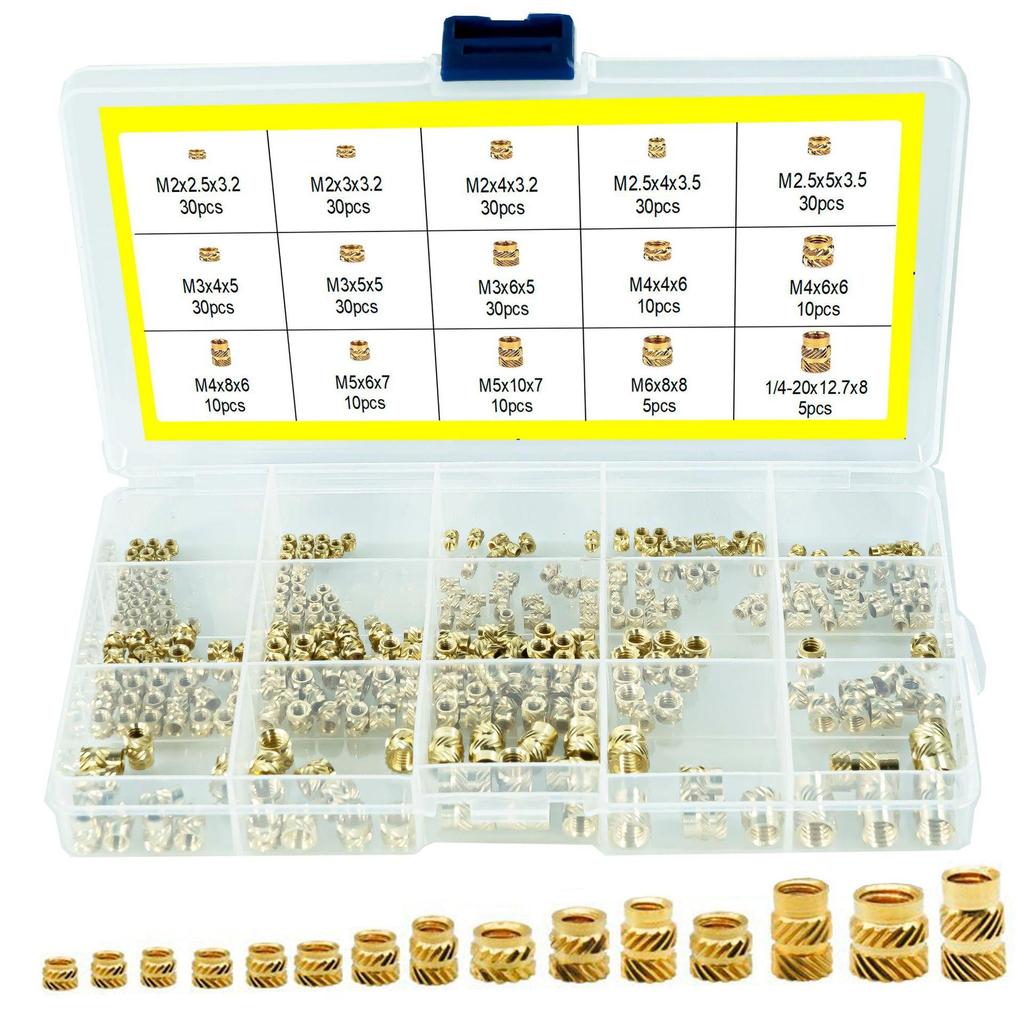 300 Stück Gewindeeinsätze M2 M2.5 M3 M4 M5 M6 1/4-20 Einsatzmuttern Messing Gewindebuchse