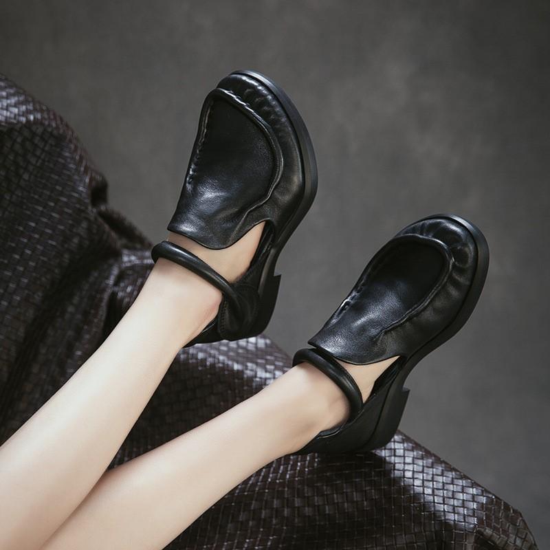 Johnature Sandales de Ville en Cuir Véritable Rétro Polyvalentes Peau de Vache Bout Rond Petit Talon Chaussures pour Femmes