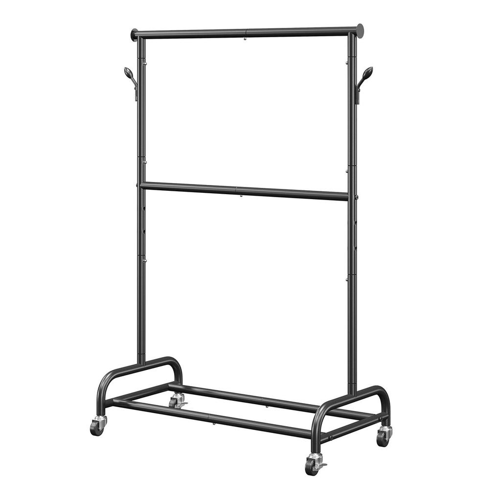 Clothes Rack, Rolling Clothing Garment Rack with Adjustable Crossbar and Side Hooks, 68 kg Load Capacity, Heavy Duty Carbon Steel Clothing Racks with