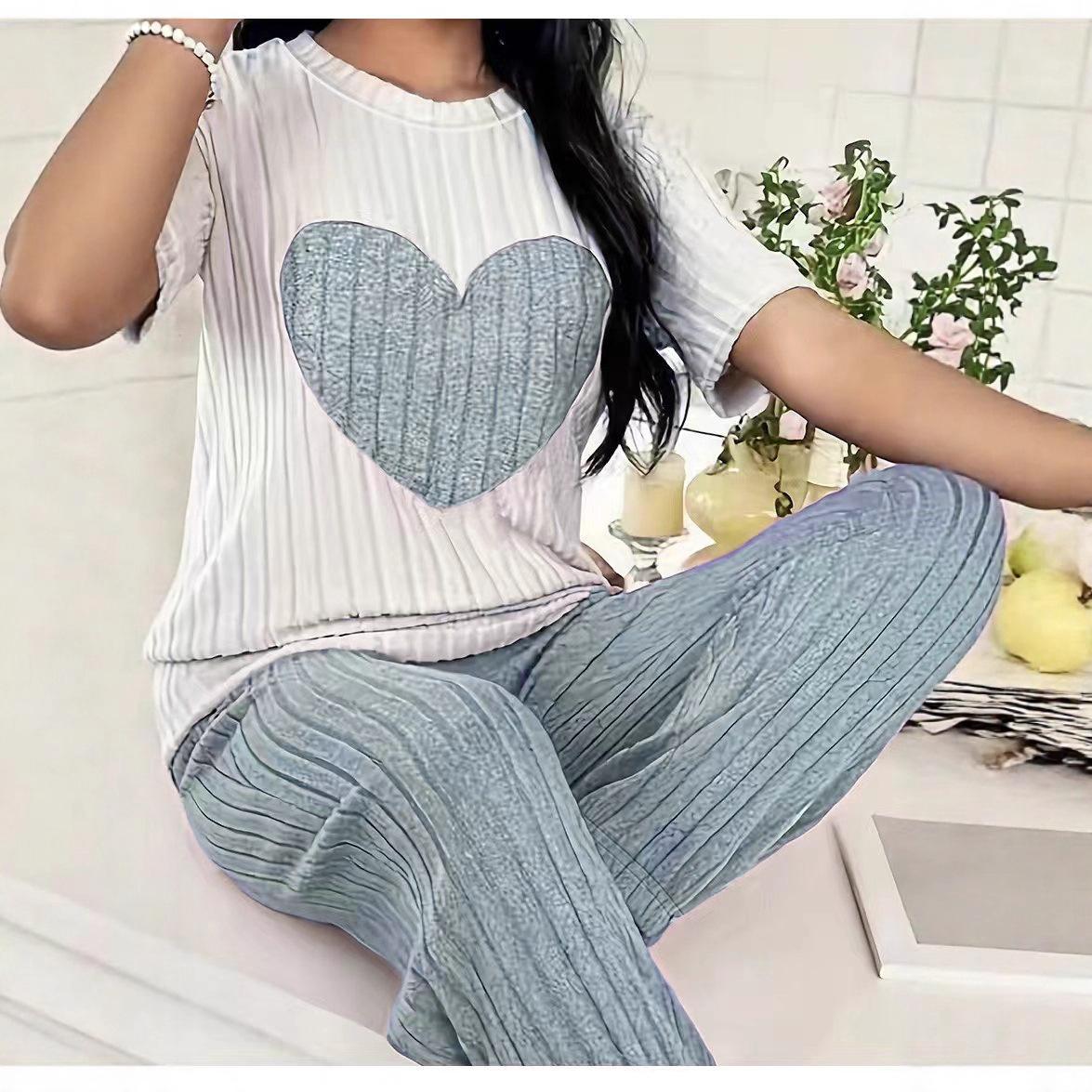 

2026 Women s New Love Printed Two Piece Pants Short Sleeve Loose Casual Set Fashionable Comfortable Home Two Piece Set 2XL синій