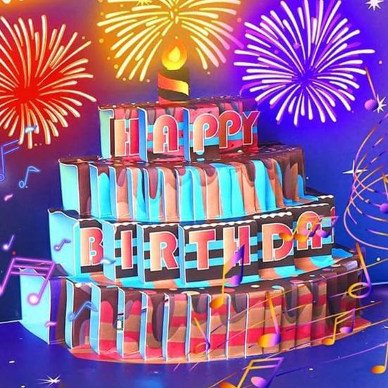 כרטיס יום הולדת תלת מימדי מתעופף מוזיקה קלה יום הולדת שמח כרטיס ברכה זוהר עם עיצוב עוגה כרטיס יום הולדת אינטראקטיבי
