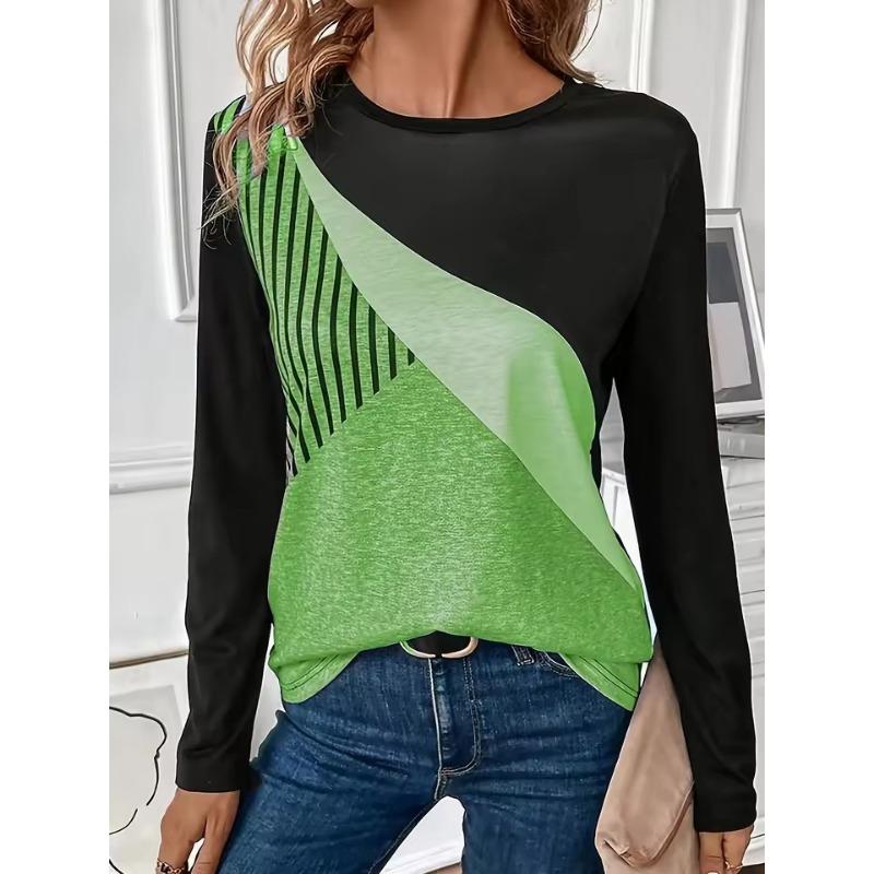 Women's 3D Color Block Stripe Print T-Shirt Fashion Long Sleeve Crew Neck Regular Tops Holiday Weekend Spring Autumn