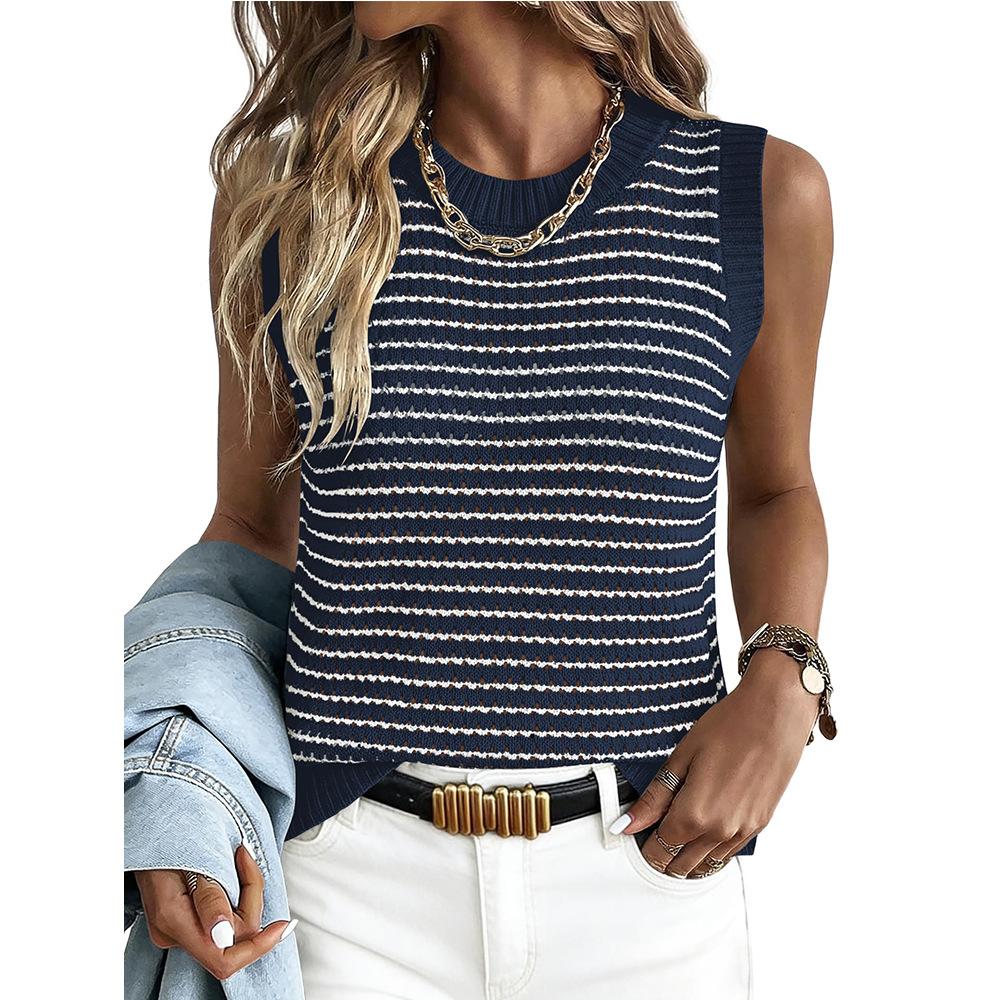 Summer New Style Women's Round-neck Sleeveless Striped Knitted Cardigan Top with Open Front Sweater