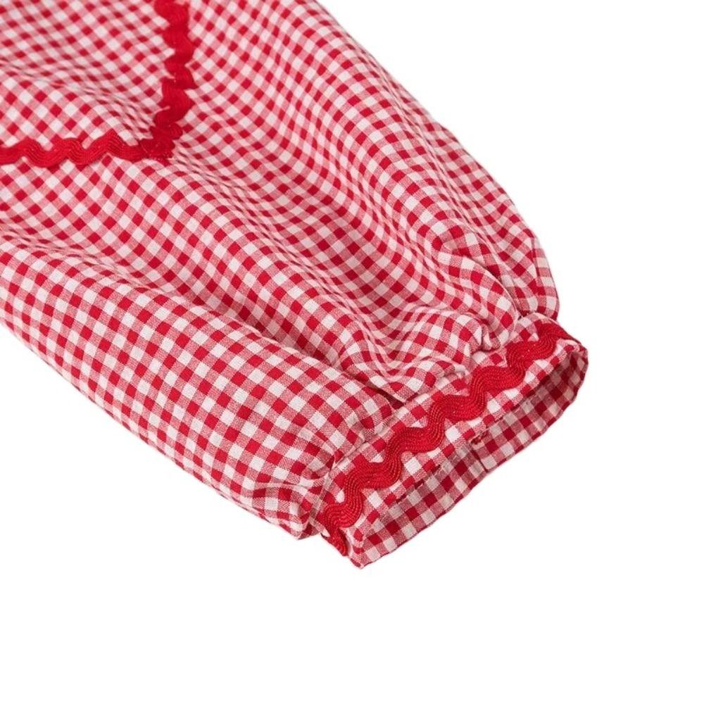 Ruffle Plaid Bowknot Lace Up Blouse Stripe Loose Chic Puff Sleeveless Blouse Tops Spring/Summe