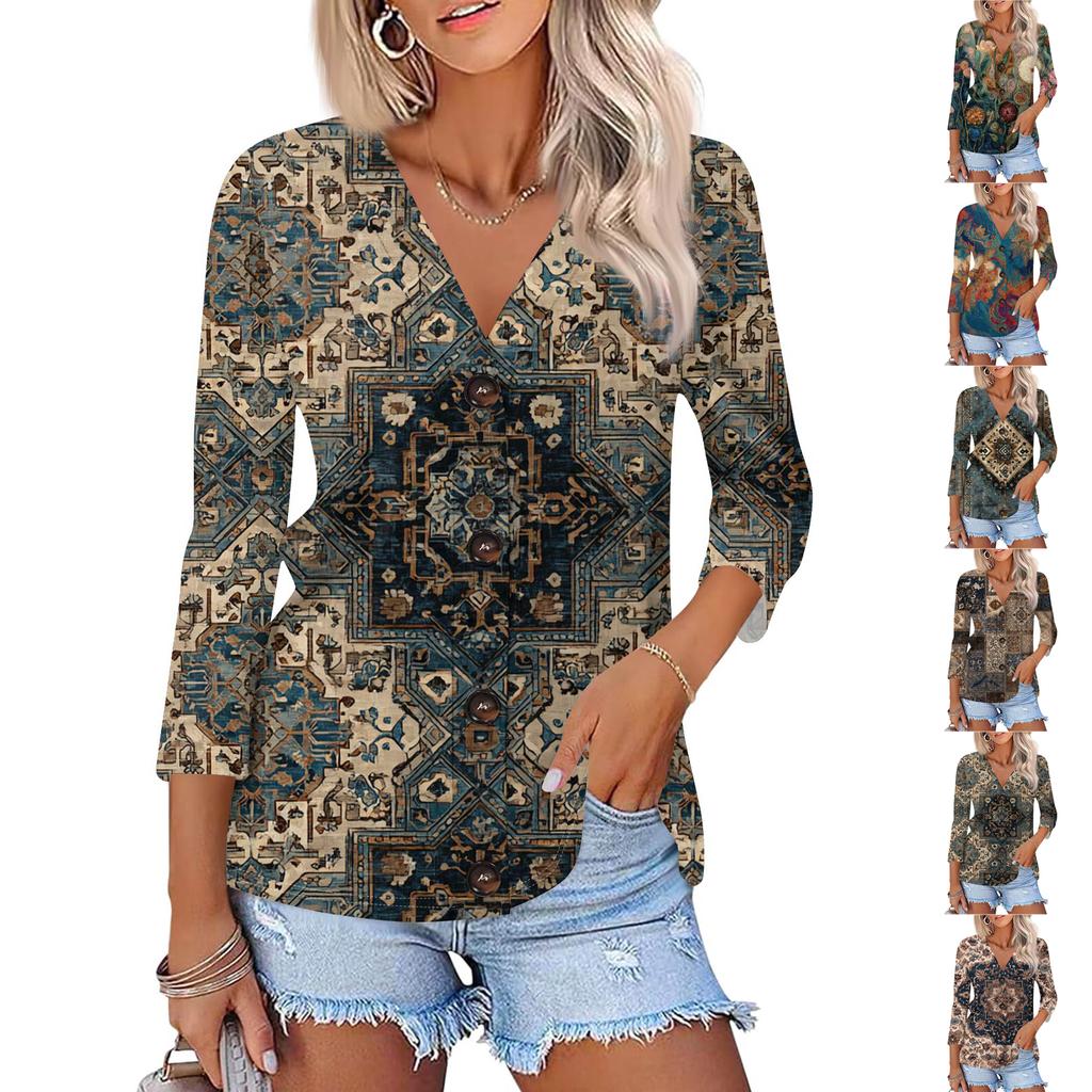 Women's Fashion Casual Printing Button-down Shirt 3/4 Long Sleeve Tops