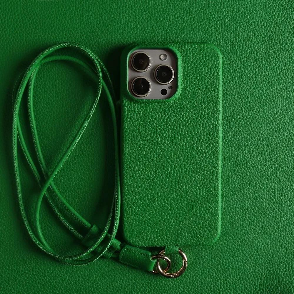Luxury Cowhide Genuine Leather Case for IPhone 16 Pro Max 15Pro 11 13 12pro 14Pro 14 Strap Crossbody Lanyard Phone Cover Coque