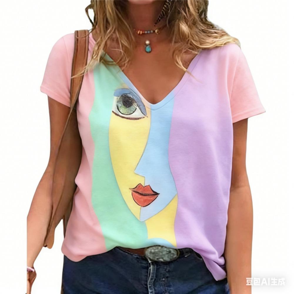 Women's V Neck T-shirt Summer Casual Plus Size Print Tops Loose Vintage Female Tee Streetwear Short Sleeve Clothes