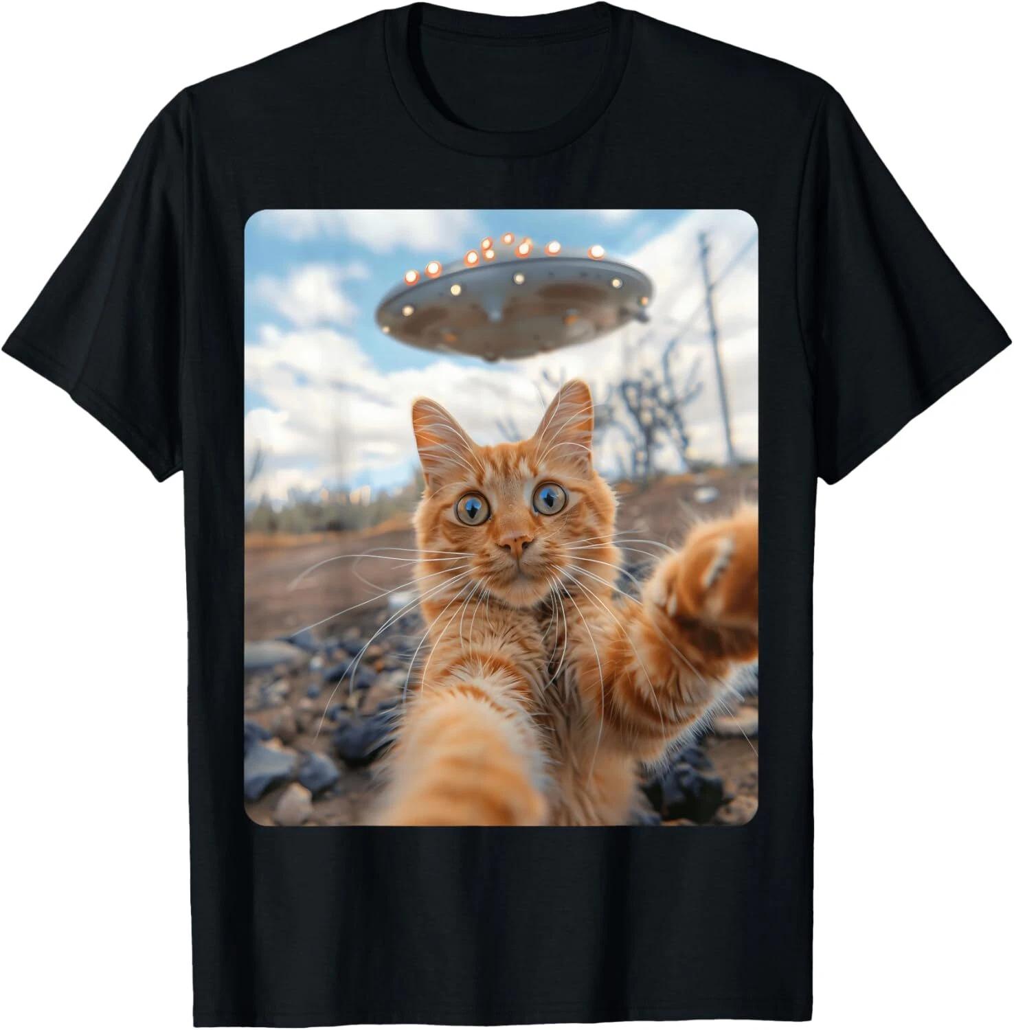 Extraterrestrial Encounter_ Cat Selfie with UFO Gift Unisex T-Shirt XL