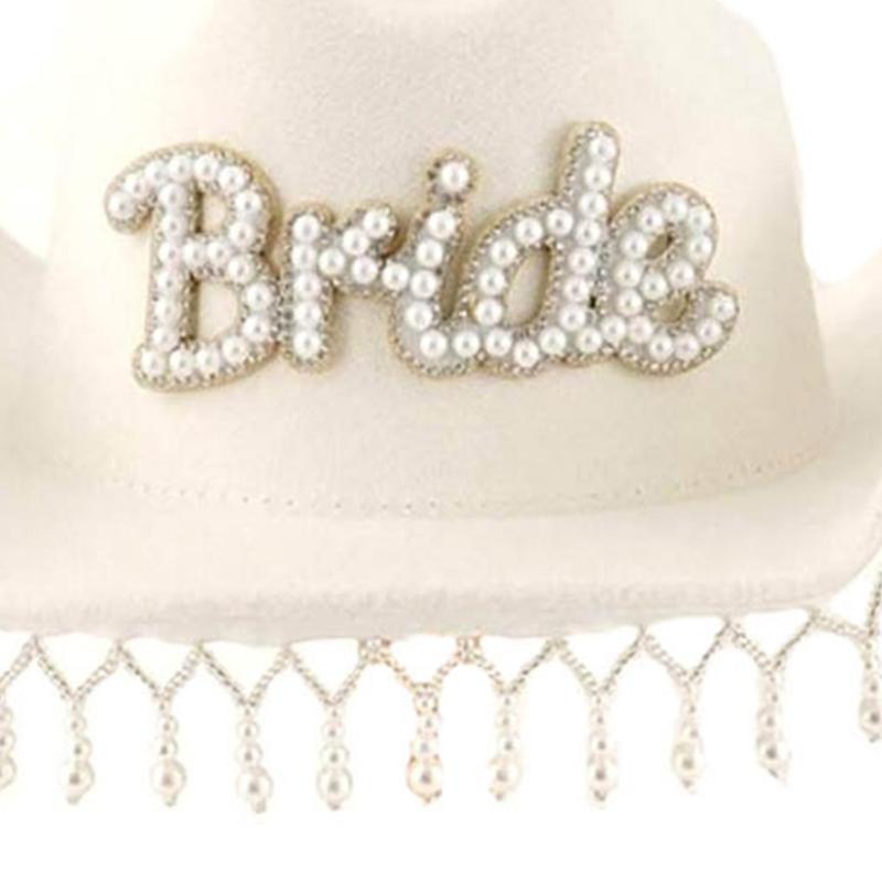 Fringed Pearl Bride Cowboy Hat for Female BrideToBe Bride Cowboy Hat Bachelorettes Party Headwear Wedding Celebration Hat