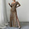 XM European and American autumn new square neck sexy leopard print temperament slim and thin dress