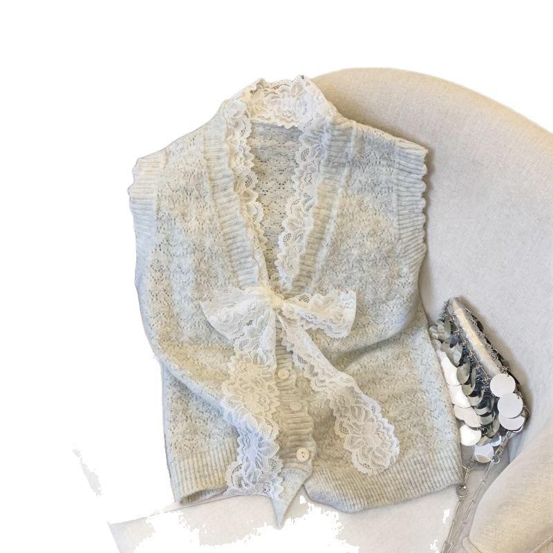 Women's Knitted Vest V-neck Lace Bow Korean Style Spring and Autumn Sweater Vest