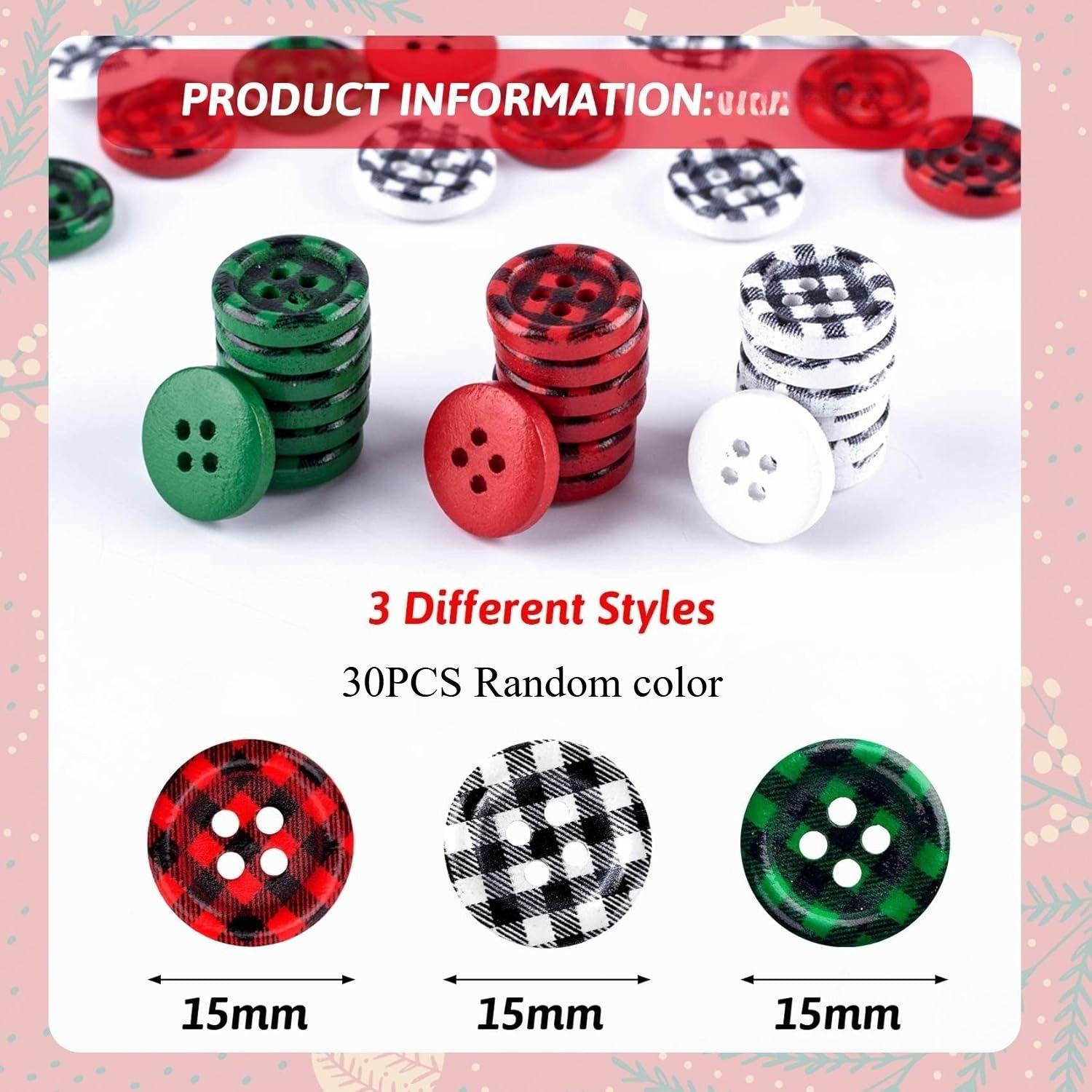 

30Pcs Christmas Buffalo Check Wooden Buttons, 4-Hole, 20mm/0.79inch, Perfect for Christmas Sock Decor, DIY Crafts