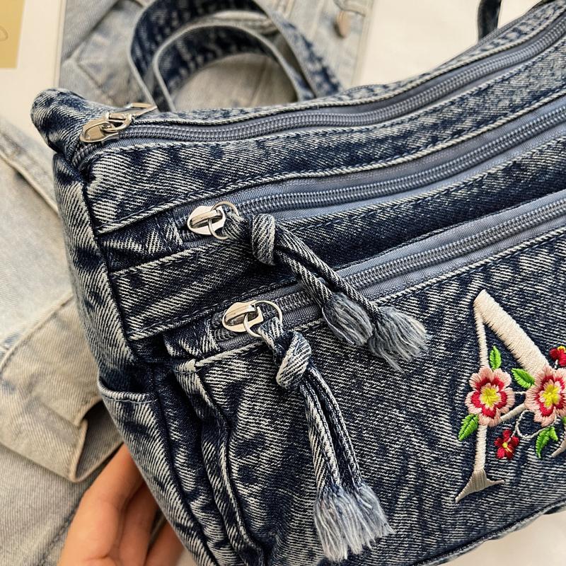 Multi-layer Denim Bag Vintage Shoulder Bag Women's Embroidered Crossbody Bag